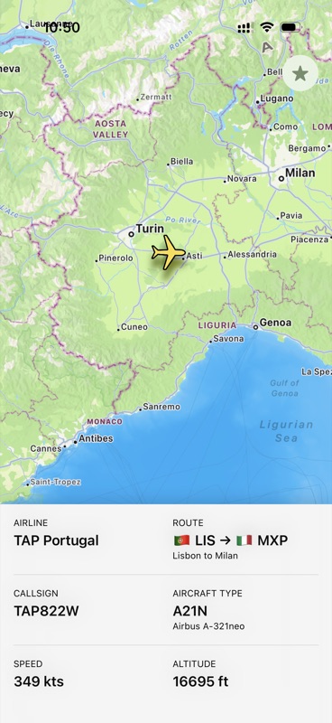 PlaneFeed app screenshot showing a TAP Portugal flight on a map
